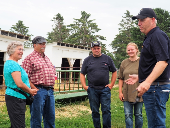 Five people are discussing calf care outside of the calf hutches