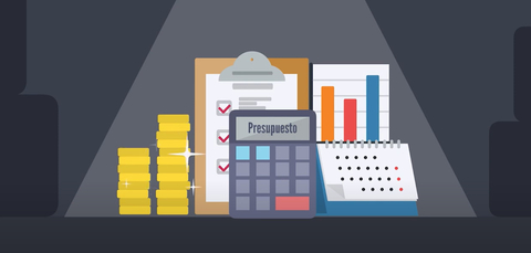 Animation of stacks gold coins, a calculator, clip board, bar graph and a calendar