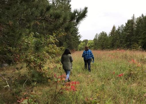 Two women walking along a forest edge in a natural field.