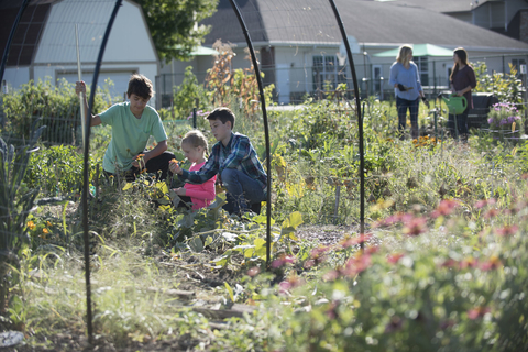 2 kids and adult looking at a flower garden