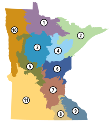 Map of Minnesota with 11 woodland areas in different colors numbered from 1 - at the northern most, central part of the state - to 11 in the west-southern-most part.