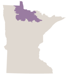 Map of Minnesota in gray with the central-northern woodland area known as the Agassiz Lowlands colored in purple.