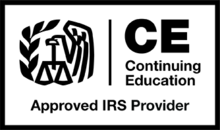 Black and white logo with an stylized eagle on the left; verticle line in the center; "CE Continuing Education" on the right. "Approved IRS Provider" below the logo.