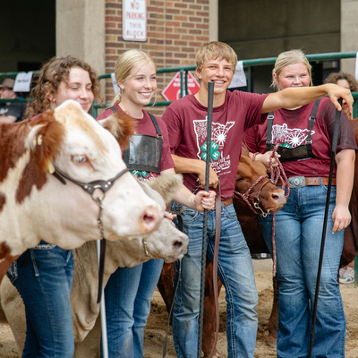 A group of youth wearing 4-H show shirts with their 4-H beef exhibits at the state fair.