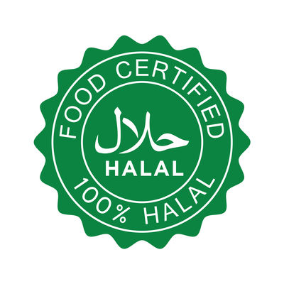 seal reads "food certified halal" and 100% halal and also shows the word halal in Arabic text