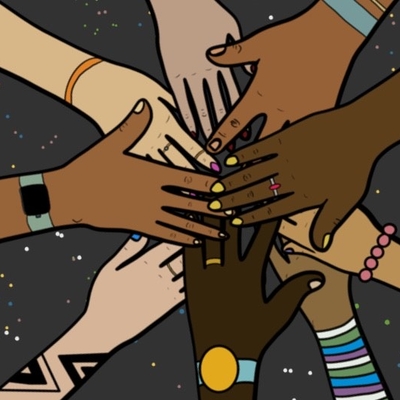 An illustration of diverse hands coming together. Hands are adorned with jewelry, tattoos, and wrinkles.